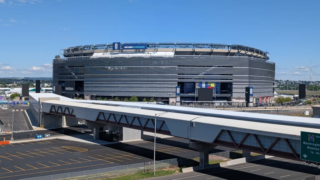 Exterior of MetLife Stadium under a blue sky in June 2026