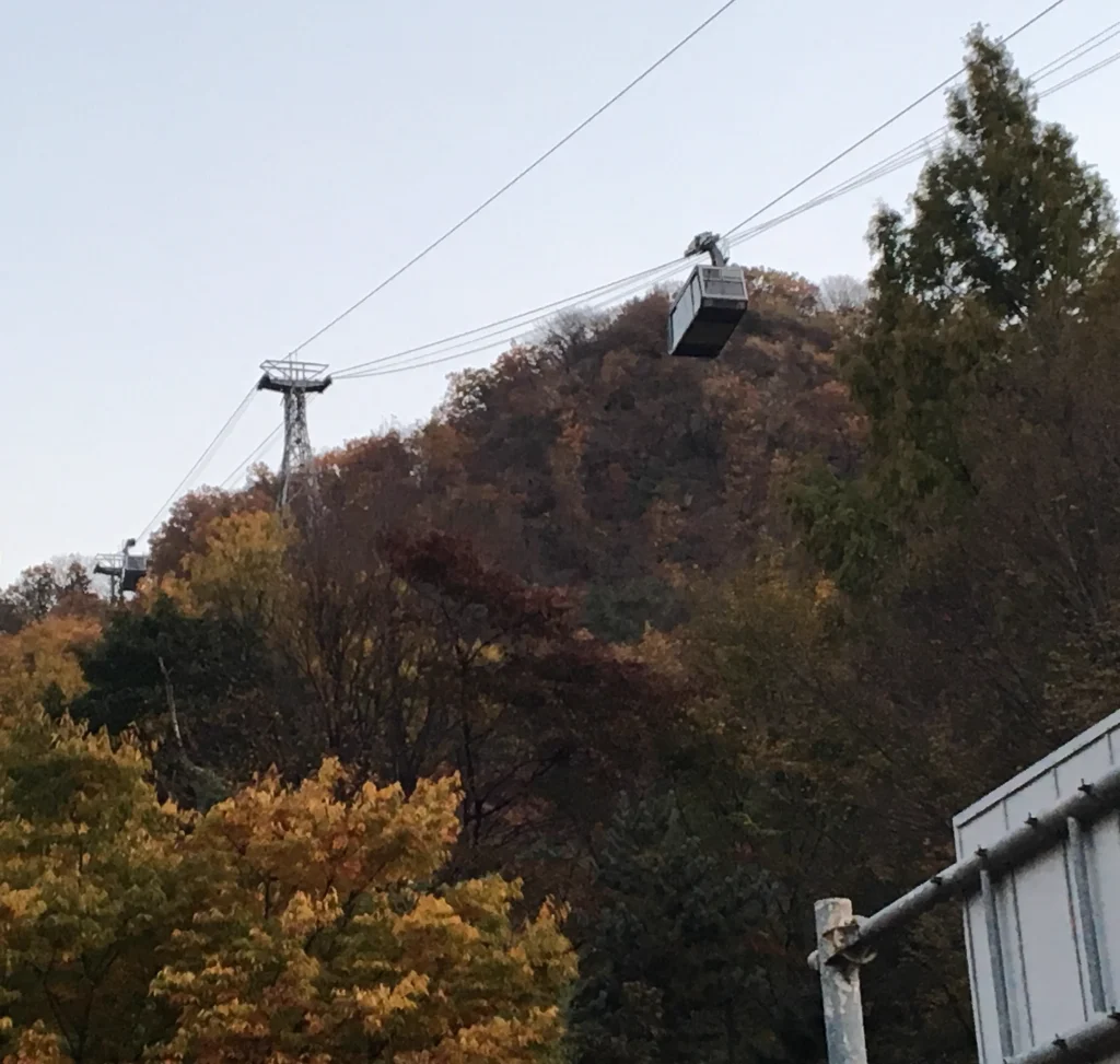 A Namsan cable car traveling above an autumn hillside in 2017