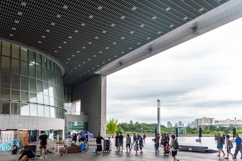 Exterior of the National Museum of Korea with visitors on the plaza